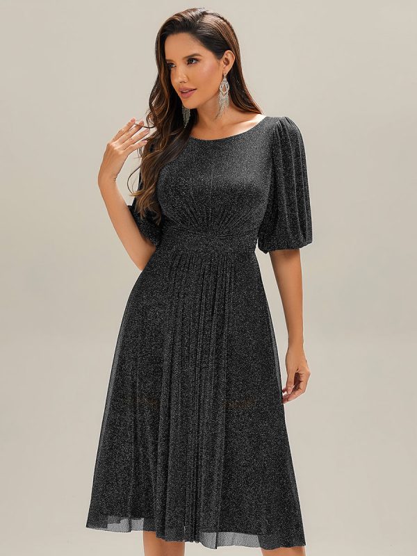 Shimmery Lantern Sleeve A-Line Wedding Guest Dress - Image 6