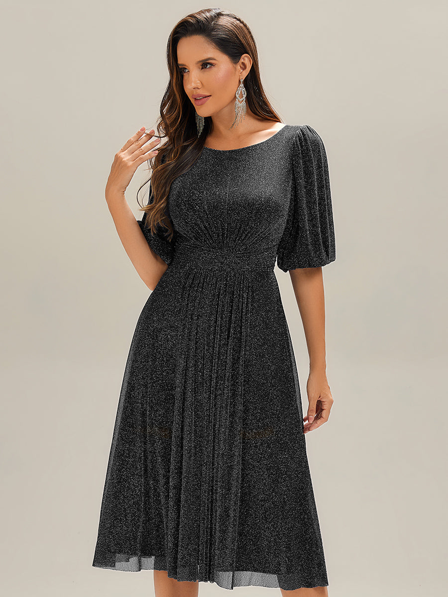 EG02561BK-R4 Shimmery Lantern Sleeve A-Line Wedding Guest Dress - Image 6