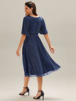 Shimmery Lantern Sleeve A-Line Wedding Guest Dress - Image 22