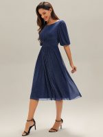 Shimmery Lantern Sleeve A-Line Wedding Guest Dress - Image 23