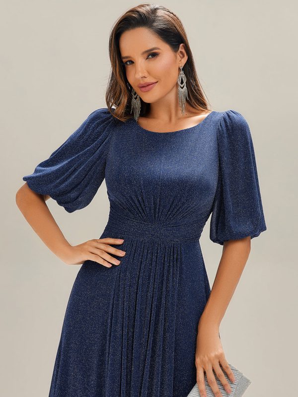 Shimmery Lantern Sleeve A-Line Wedding Guest Dress - Image 25