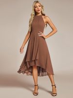 Midi Halter Neck Chiffon Wedding Guest Dress with Sleeveless and A-Line - Image 44
