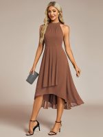 Midi Halter Neck Chiffon Wedding Guest Dress with Sleeveless and A-Line - Image 41