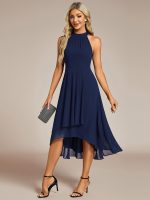 Midi Halter Neck Chiffon Wedding Guest Dress with Sleeveless and A-Line - Image 37