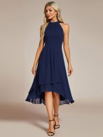 Midi Halter Neck Chiffon Wedding Guest Dress with Sleeveless and A-Line - Image 36