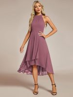 Midi Halter Neck Chiffon Wedding Guest Dress with Sleeveless and A-Line - Image 92