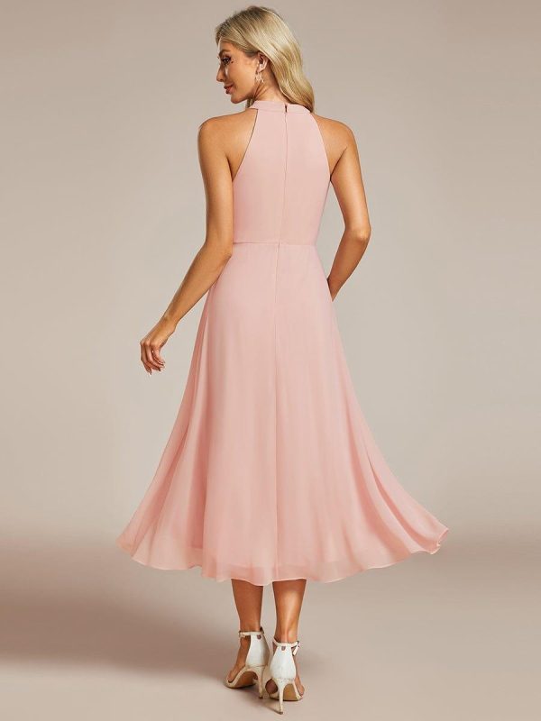 Midi Halter Neck Chiffon Wedding Guest Dress with Sleeveless and A-Line - Image 26