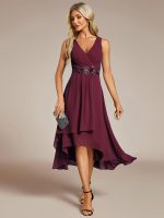 Sleeveless V-Neck High Low Wedding Guest Dress with Floral Applique - Image 33