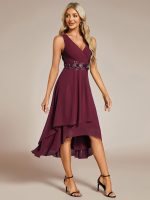 Sleeveless V-Neck High Low Wedding Guest Dress with Floral Applique - Image 36