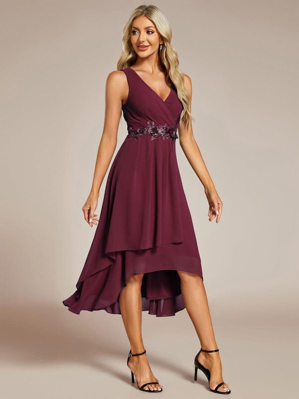 Sleeveless V-Neck High Low Wedding Guest Dress with Floral Applique - Image 36