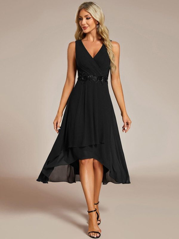 Sleeveless V-Neck High Low Wedding Guest Dress with Floral Applique - Image 25