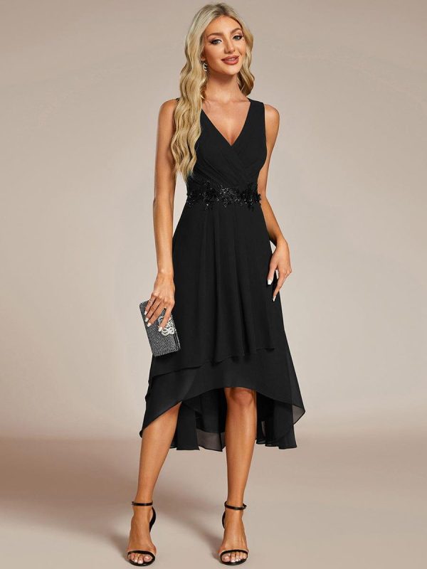 Sleeveless V-Neck High Low Wedding Guest Dress with Floral Applique - Image 28