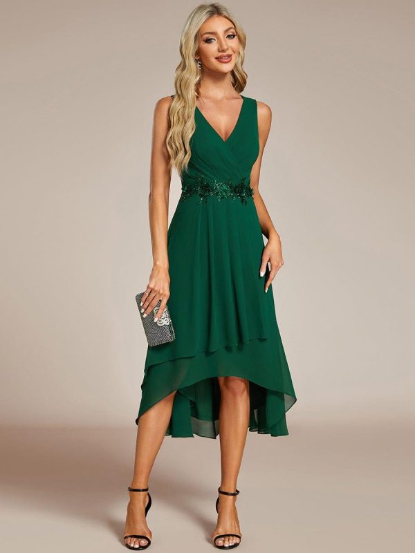 Sleeveless V-Neck High Low Wedding Guest Dress with Floral Applique - Image 3