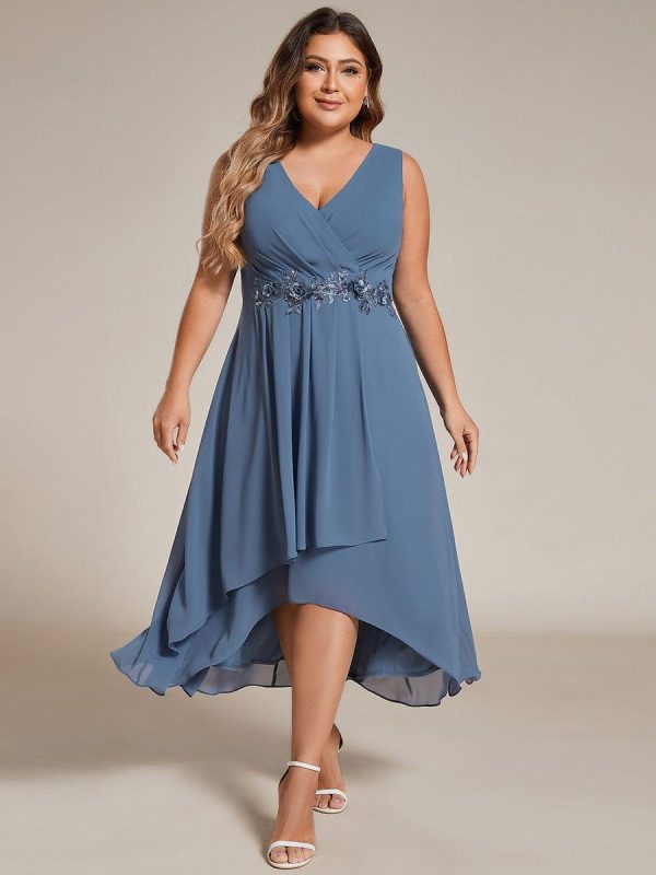 Sleeveless V-Neck High Low Wedding Guest Dress with Floral Applique - Image 16