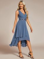 Sleeveless V-Neck High Low Wedding Guest Dress with Floral Applique - Image 14