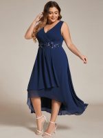 Sleeveless V-Neck High Low Wedding Guest Dress with Floral Applique - Image 22