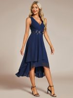 Sleeveless V-Neck High Low Wedding Guest Dress with Floral Applique - Image 20