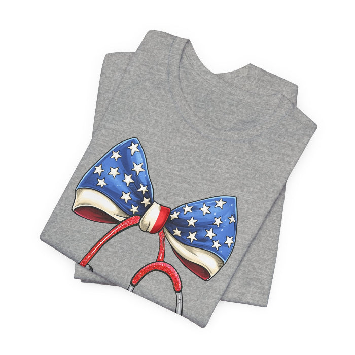 Folded_1_6ebdf9c7-b9b6-4dd7-b30f-e8993ee843c8 July 4th Stethoscope Bow T-Shirt - Image 2