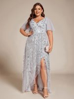 Short Sleeves Sequin High Low V-Neck Midi Formal Evening Dress - Image 116