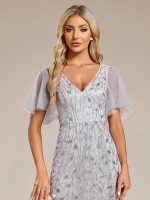 Short Sleeves Sequin High Low V-Neck Midi Formal Evening Dress - Image 115
