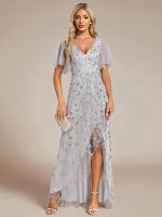 Short Sleeves Sequin High Low V-Neck Midi Formal Evening Dress - Image 113
