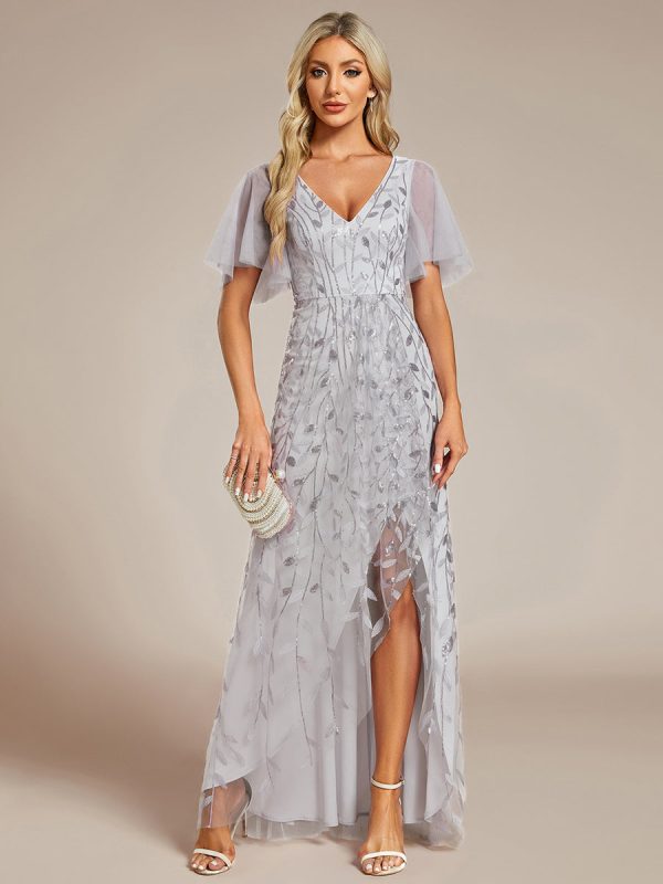 Short Sleeves Sequin High Low V-Neck Midi Formal Evening Dress - Image 113