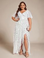 Short Sleeves Sequin High Low V-Neck Midi Formal Evening Dress - Image 122