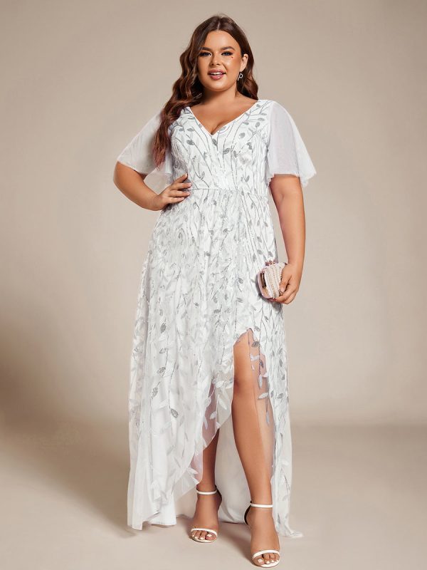 Short Sleeves Sequin High Low V-Neck Midi Formal Evening Dress - Image 122