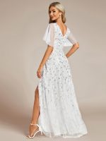 Short Sleeves Sequin High Low V-Neck Midi Formal Evening Dress - Image 120