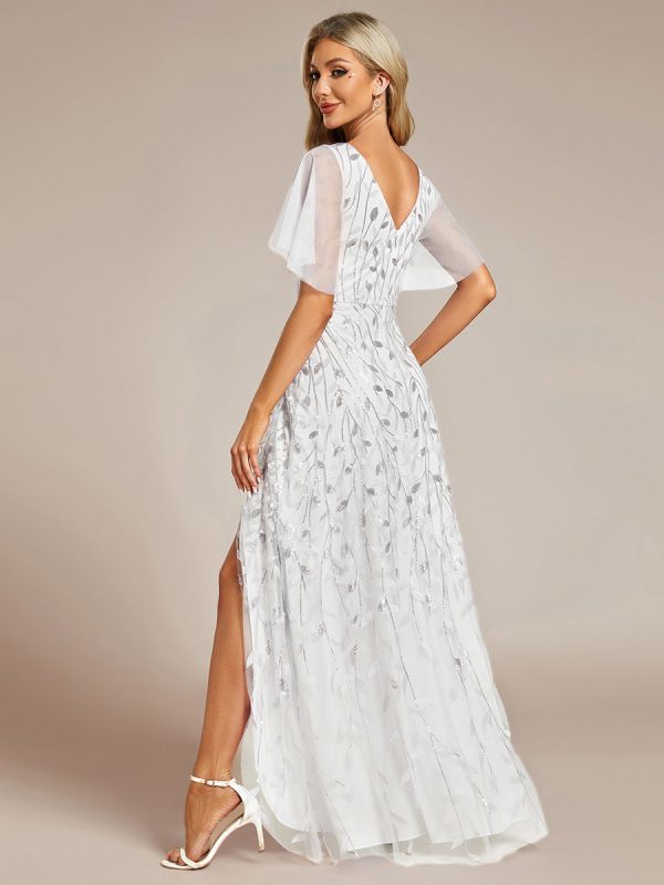 Short Sleeves Sequin High Low V-Neck Midi Formal Evening Dress - Image 120