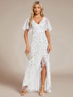 Short Sleeves Sequin High Low V-Neck Midi Formal Evening Dress - Image 119