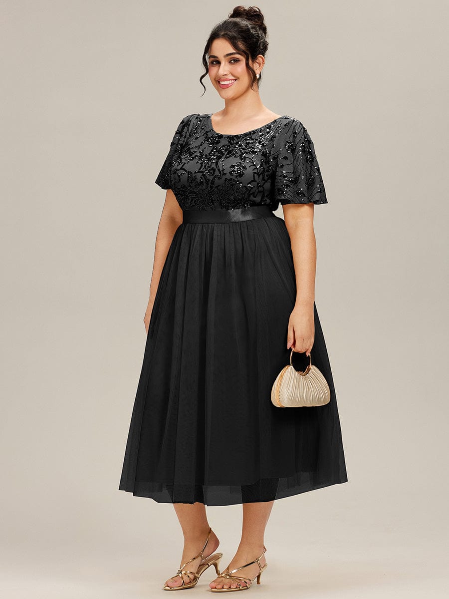 ME02549BK-PR Round Neck Sequin Ruffle Sleeve Dress - Image 9