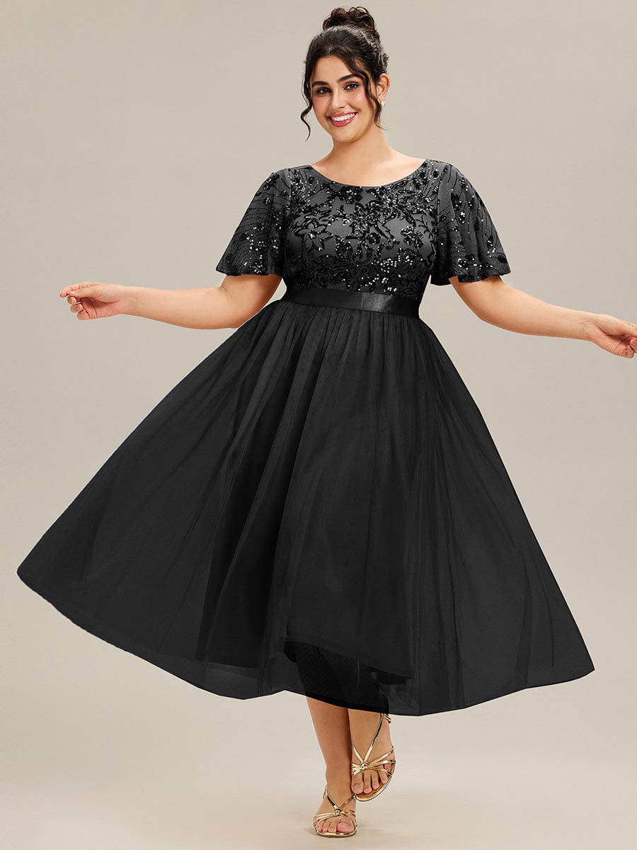 ME02549BK-PR3 Round Neck Sequin Ruffle Sleeve Dress - Image 11