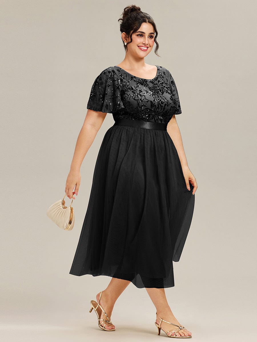ME02549BK-PR4 Round Neck Sequin Ruffle Sleeve Dress - Image 8