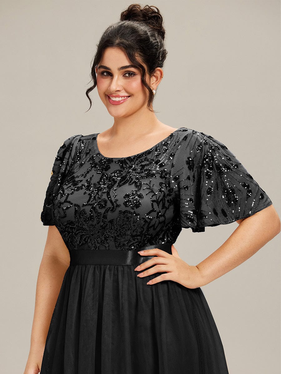 ME02549BK-PR5 Round Neck Sequin Ruffle Sleeve Dress - Image 12