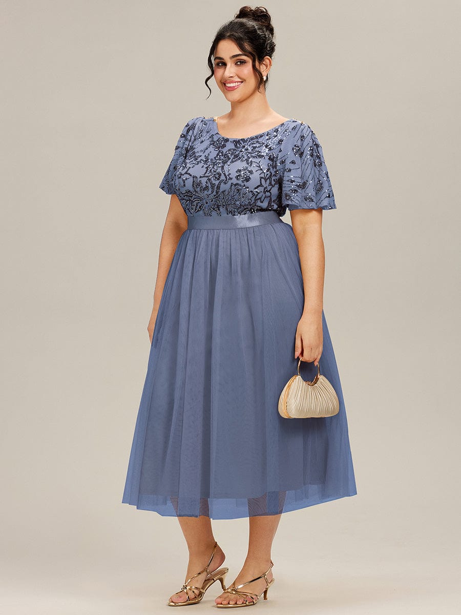 ME02549DN-PR Round Neck Sequin Ruffle Sleeve Dress - Image 1