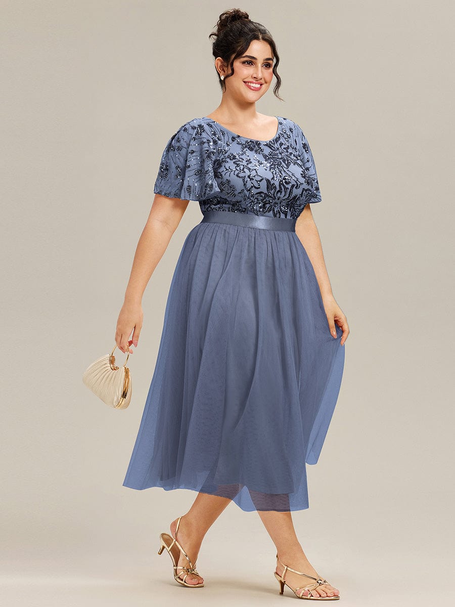 ME02549DN-PR4 Round Neck Sequin Ruffle Sleeve Dress - Image 14