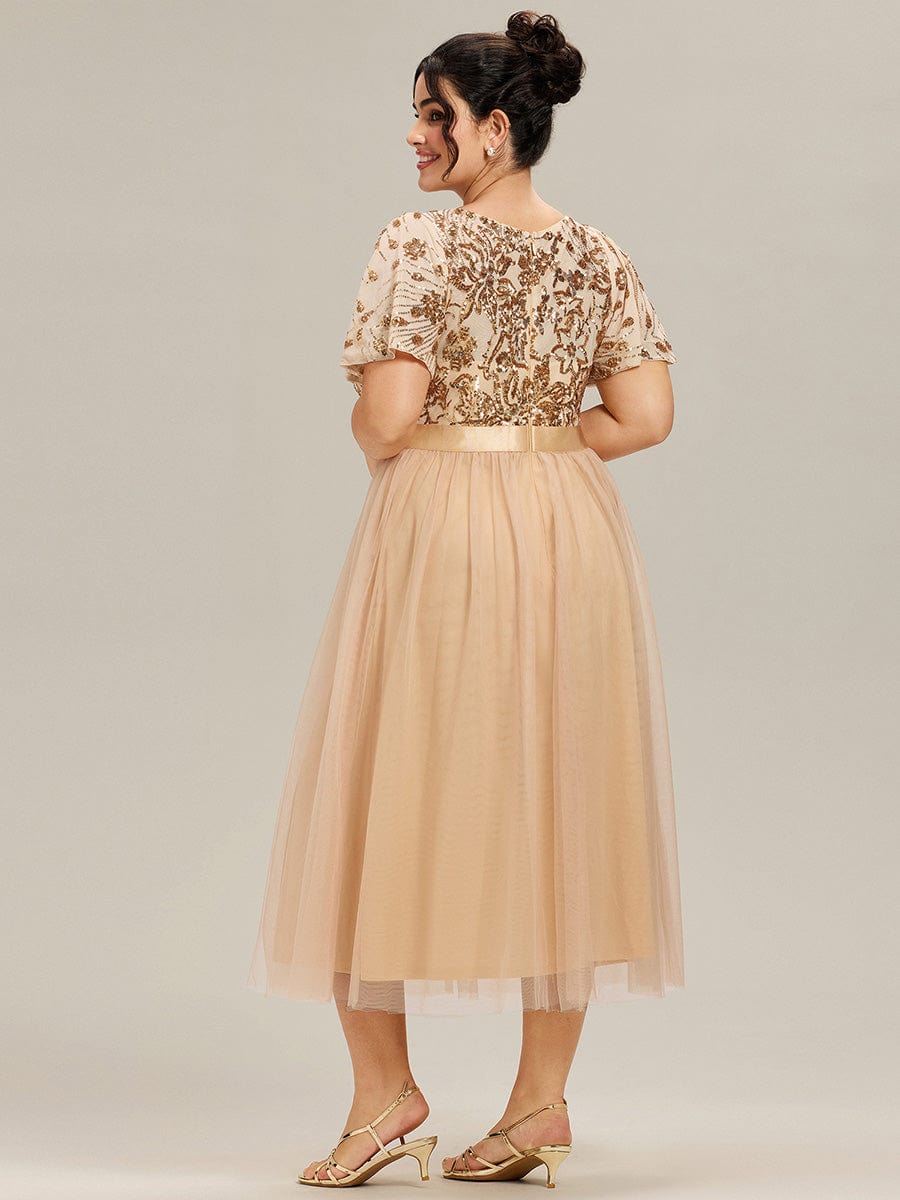 ME02549GD-PR2 Round Neck Sequin Ruffle Sleeve Dress - Image 5