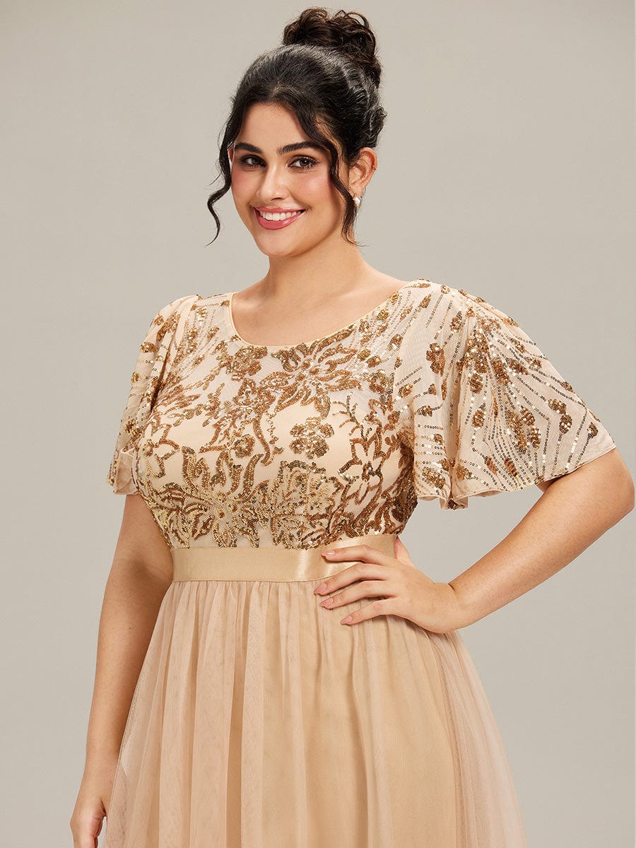 ME02549GD-PR5 Round Neck Sequin Ruffle Sleeve Dress - Image 6
