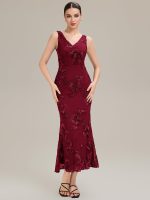 Deep V-Neck Embroidered Sleeveless Evening Dress - Image 15