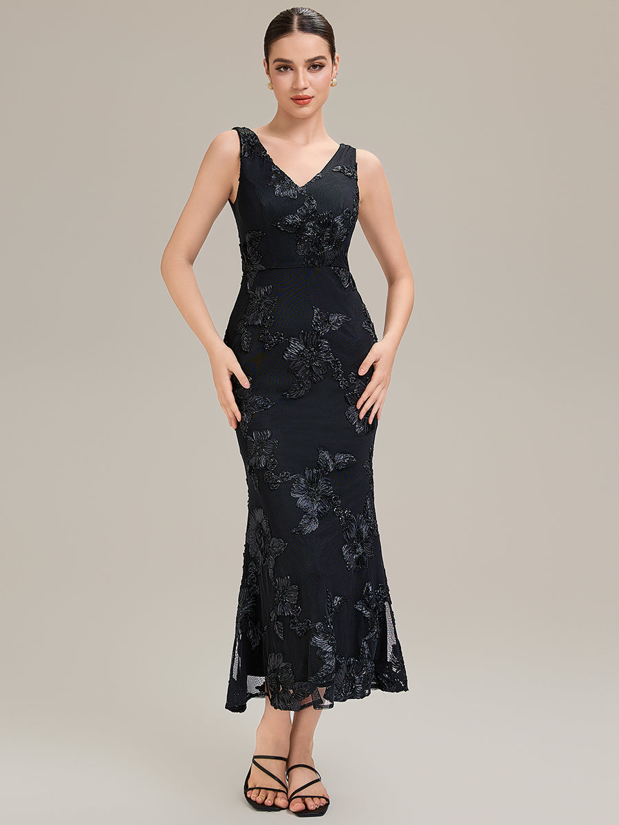 ME02605BK-R Deep V-Neck Embroidered Sleeveless Evening Dress - Image 21