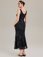 Deep V-Neck Embroidered Sleeveless Evening Dress - Image 2