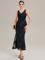 Deep V-Neck Embroidered Sleeveless Evening Dress