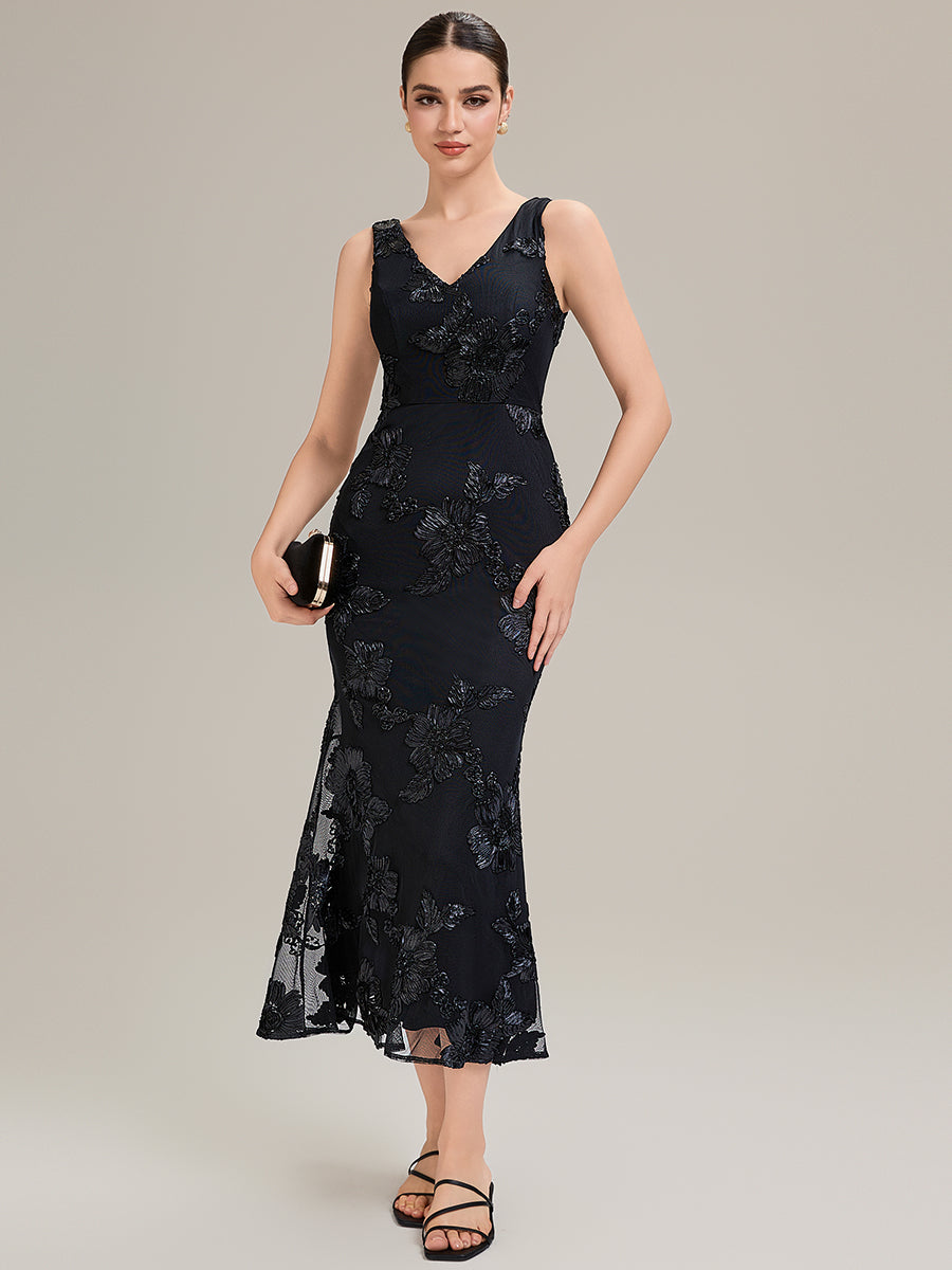 ME02605BK-R4 Deep V-Neck Embroidered Sleeveless Evening Dress - Image 1