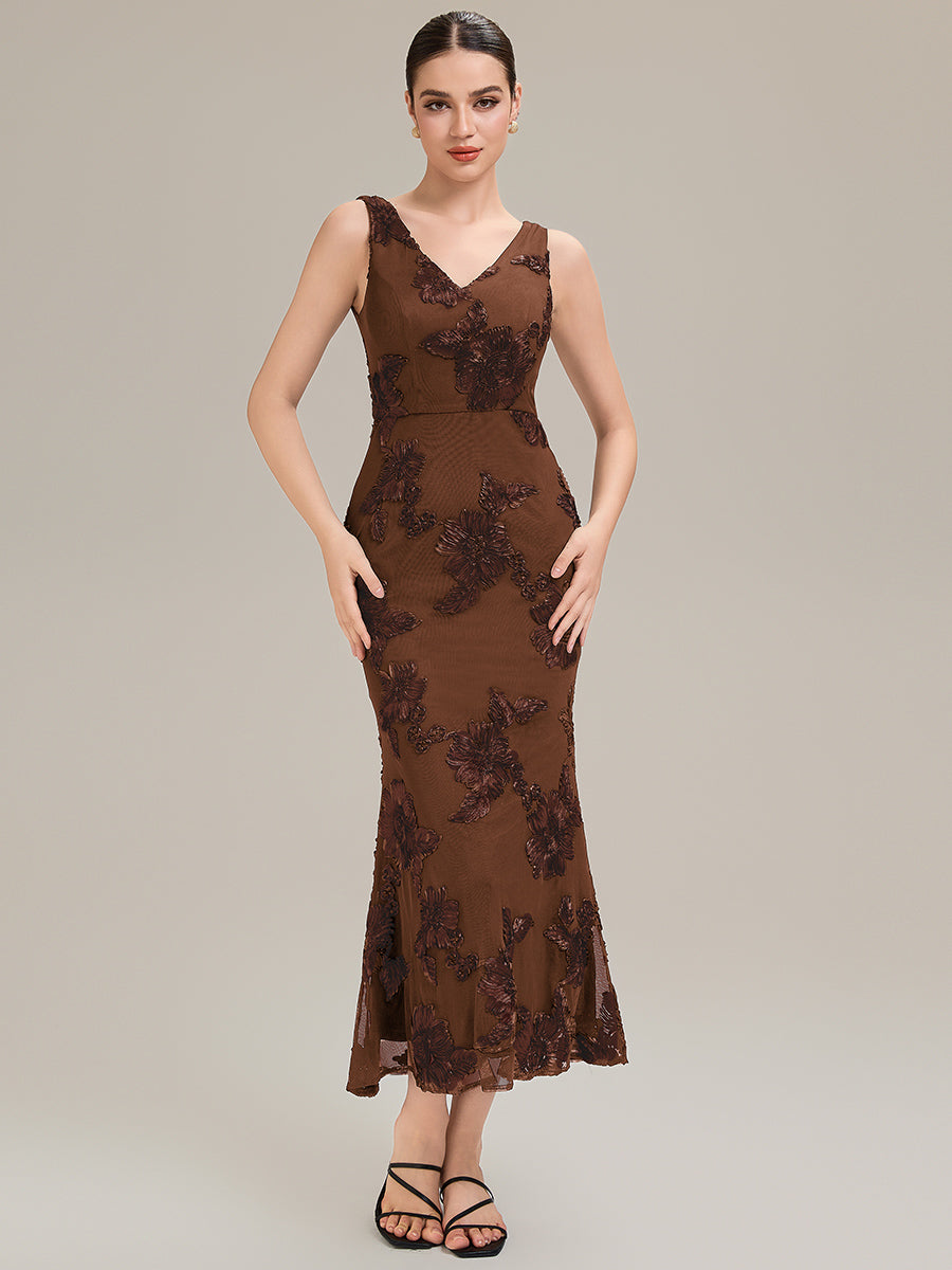ME02605BN-R Deep V-Neck Embroidered Sleeveless Evening Dress - Image 3
