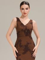 Deep V-Neck Embroidered Sleeveless Evening Dress - Image 5