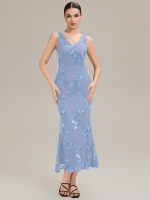 Deep V-Neck Embroidered Sleeveless Evening Dress - Image 6