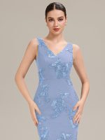 Deep V-Neck Embroidered Sleeveless Evening Dress - Image 8