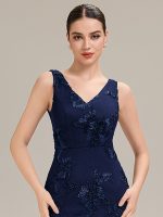 Deep V-Neck Embroidered Sleeveless Evening Dress - Image 11