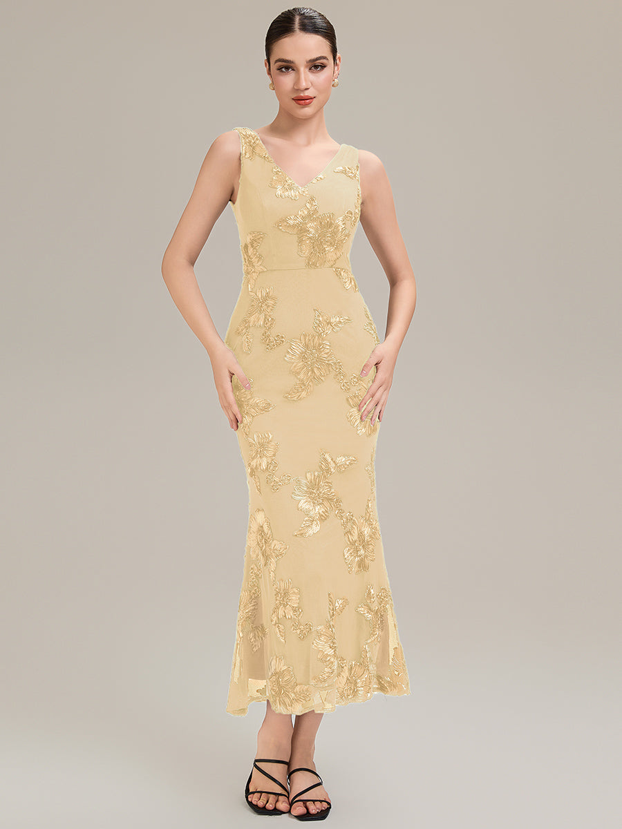 ME02605YL-R Deep V-Neck Embroidered Sleeveless Evening Dress - Image 18